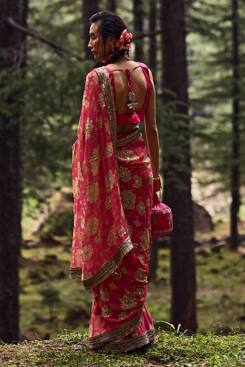 Rani Pink Big Rose Print Saree